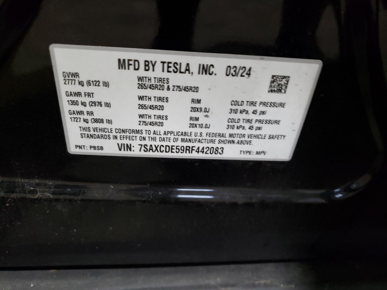 2024 TESLA MODEL X VIN:7SAXCDE59RF442083