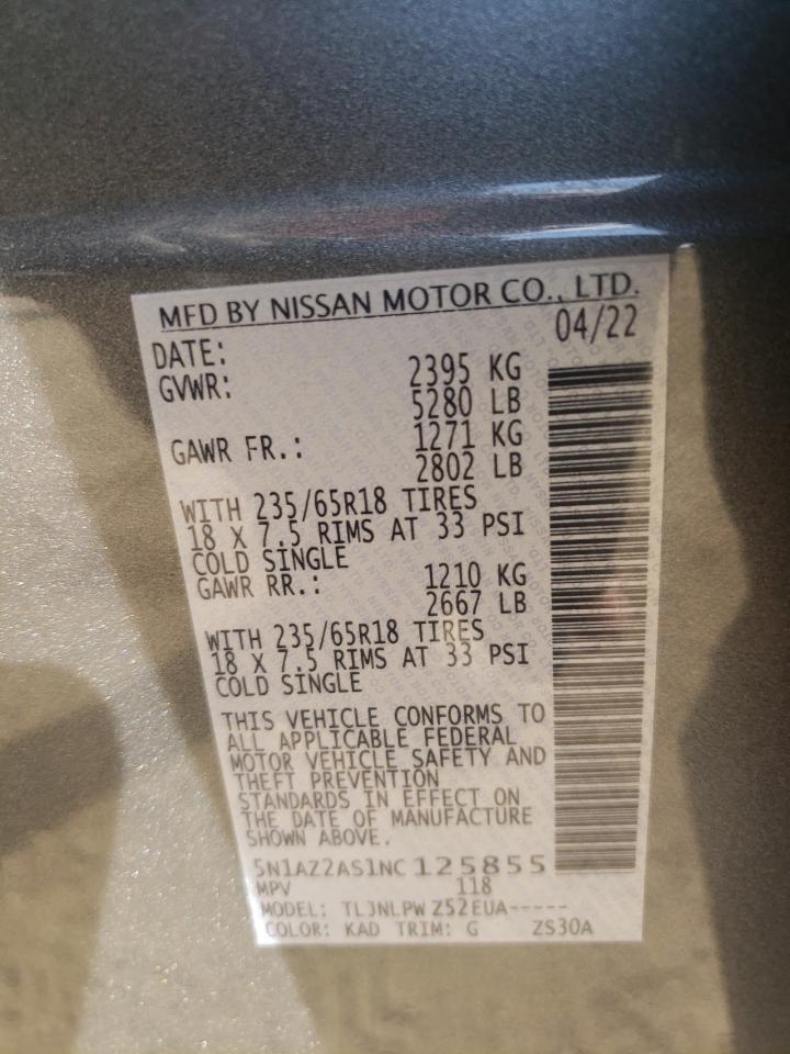2022 NISSAN MURANO S VIN:5N1AZ2AS1NC125855