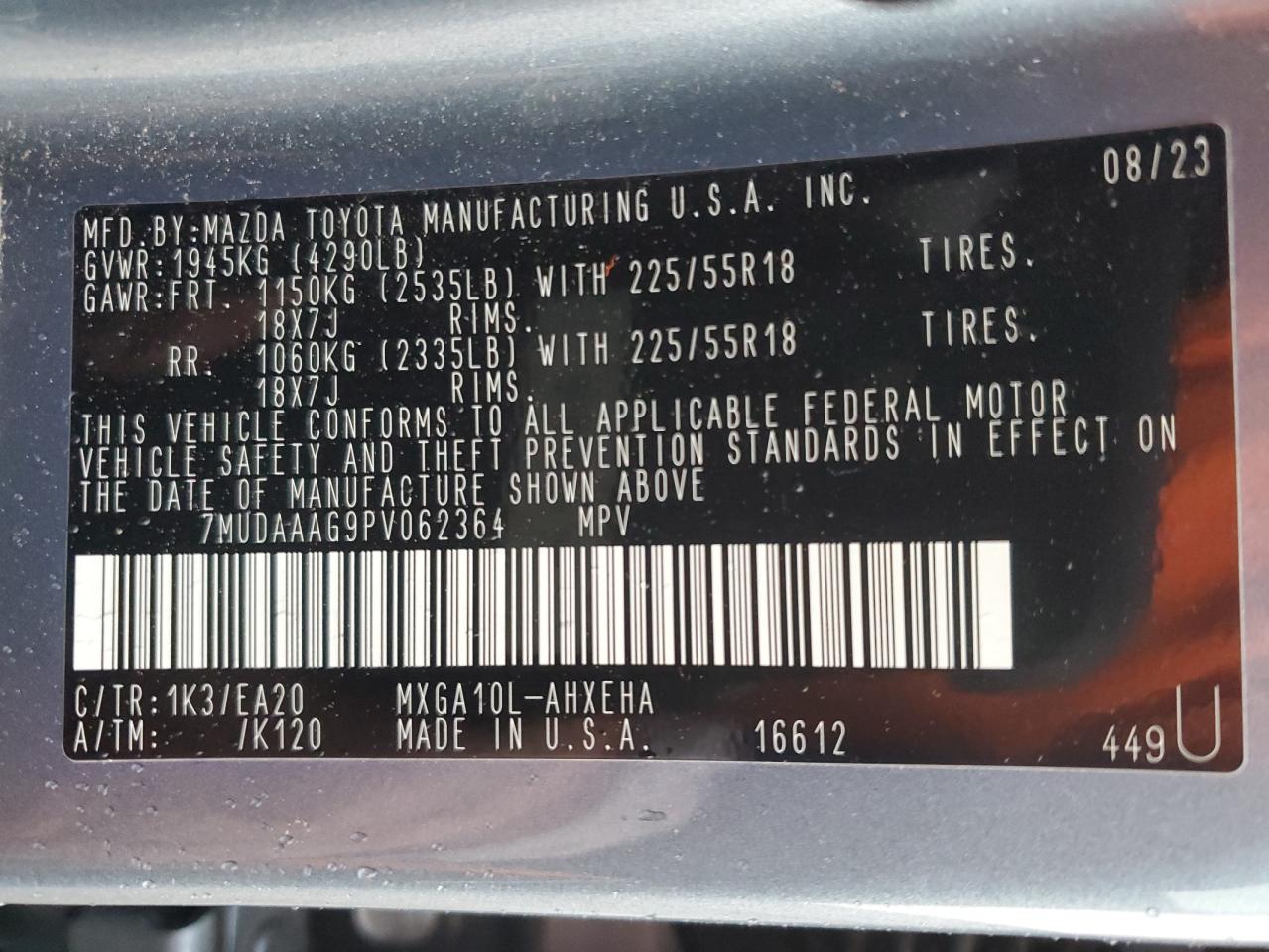 2023 TOYOTA COROLLA CROSS XLE VIN:7MUDAAAG9PV062364