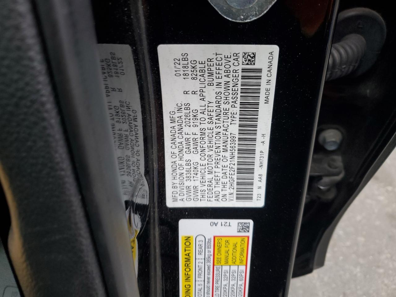 2022 HONDA CIVIC LX VIN:2HGFE2F21NH563997