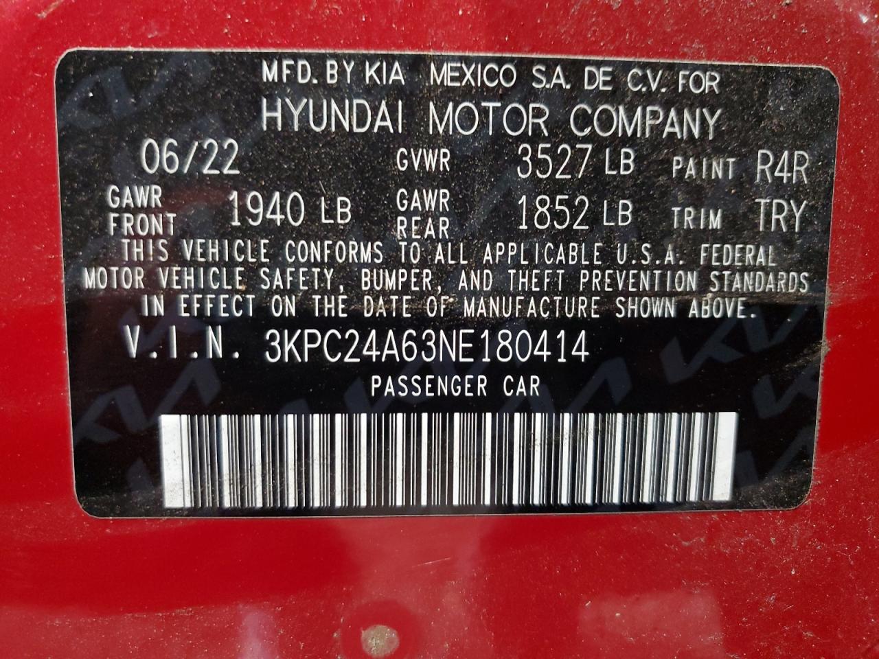 2022 HYUNDAI ACCENT SE VIN:3KPC24A63NE180414