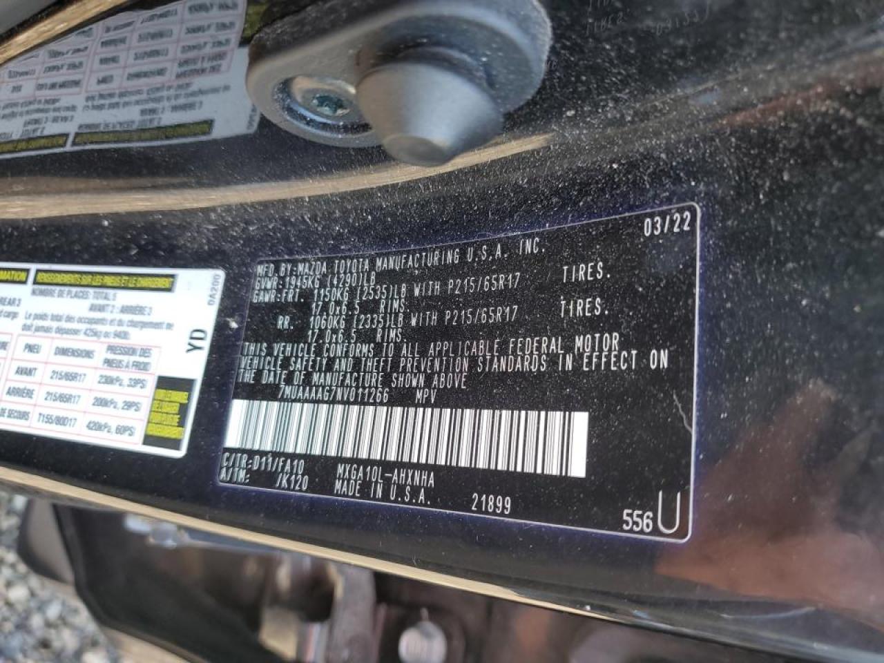 2022 TOYOTA COROLLA CROSS L VIN:7MUAAAAG7NV011266