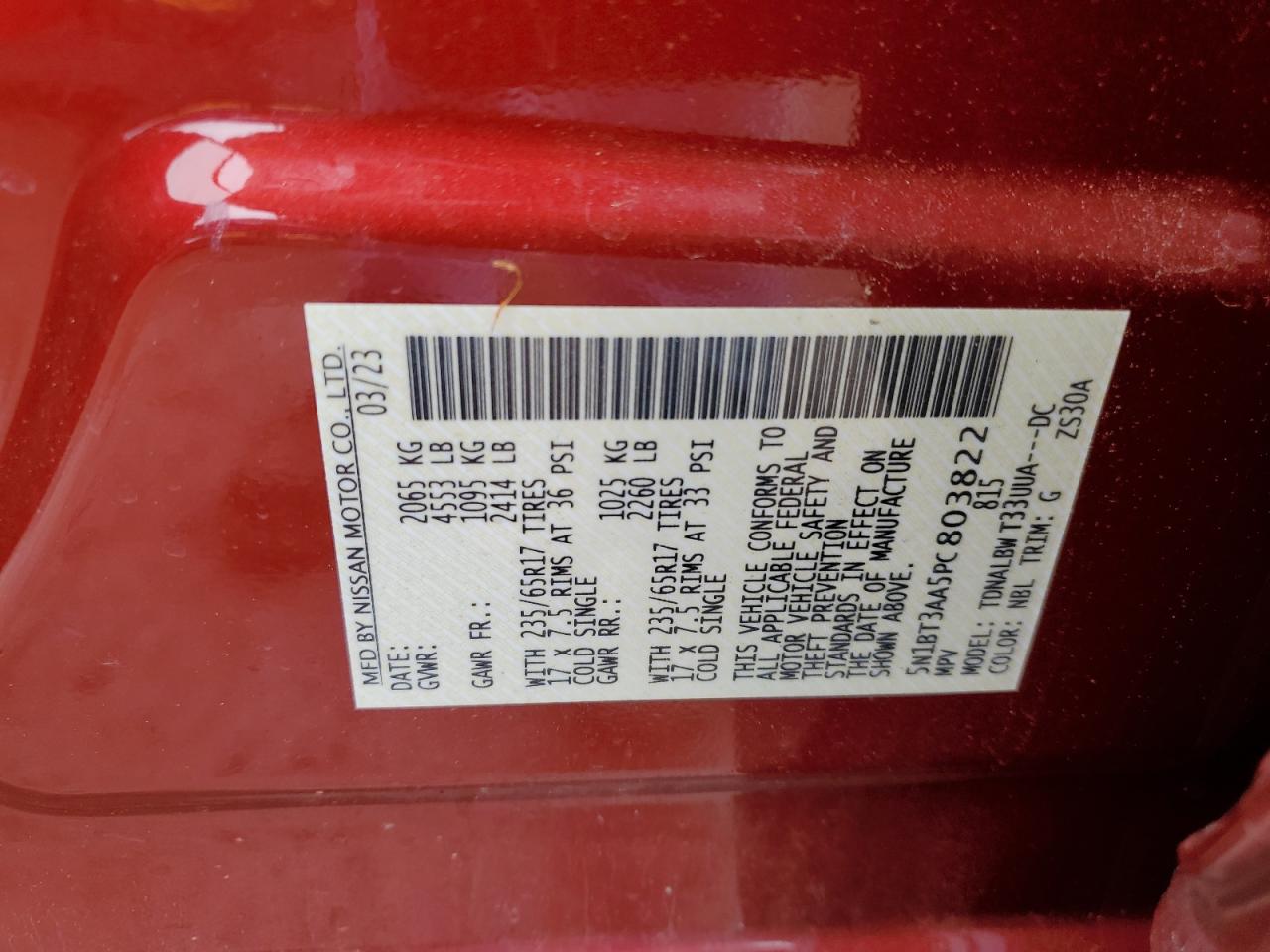 2023 NISSAN ROGUE S VIN:5N1BT3AA5PC803822
