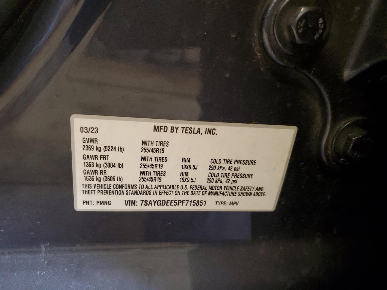 2023 TESLA MODEL Y VIN:7SAYGDEE5PF715851