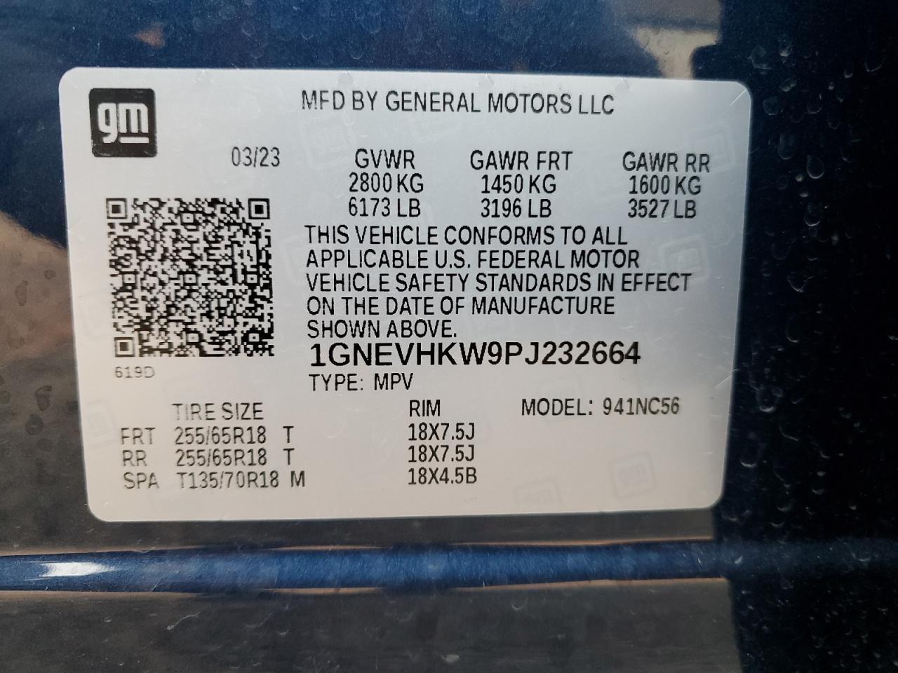 2023 CHEVROLET TRAVERSE LT VIN:1GNEVHKW9PJ232664