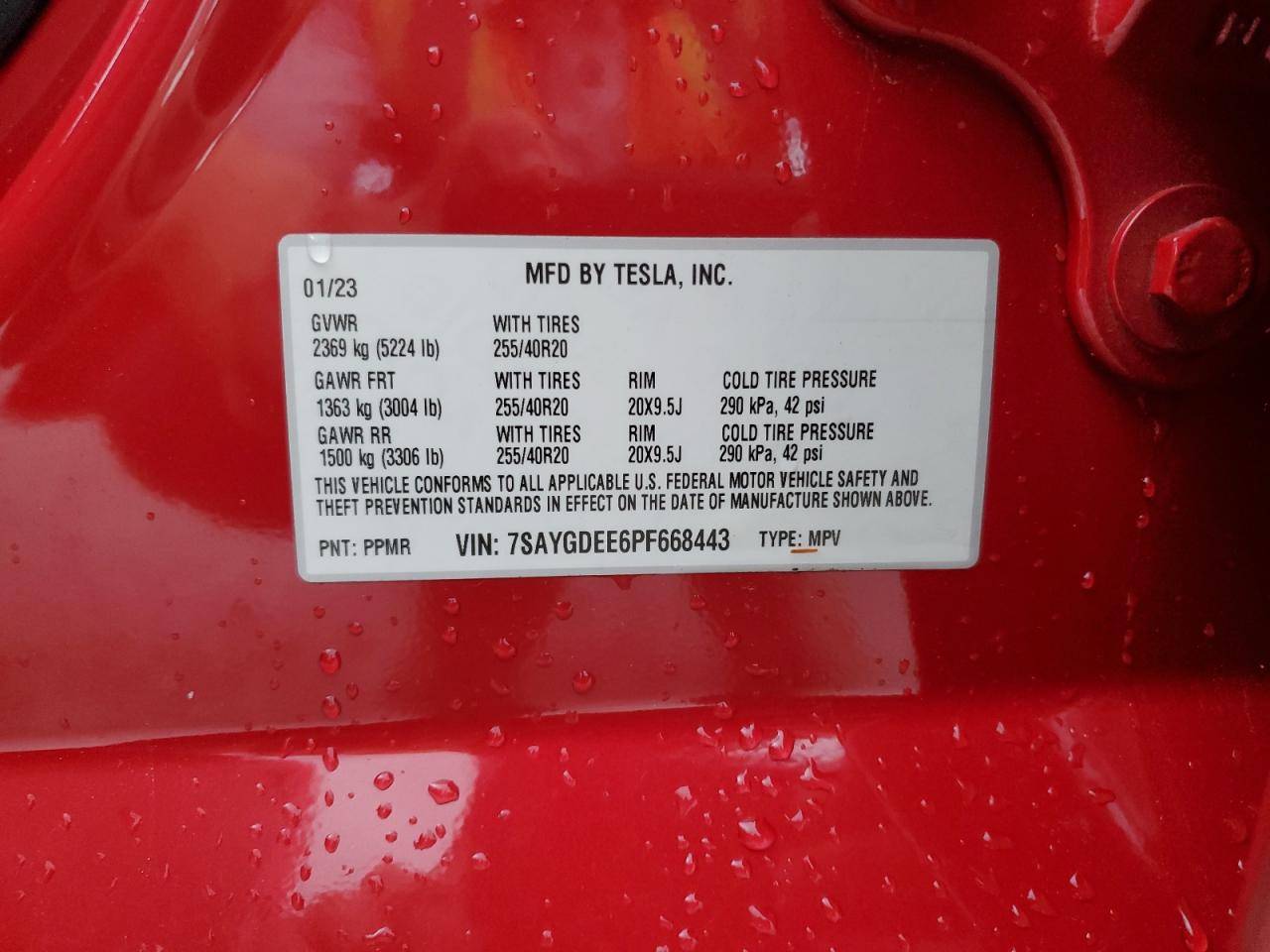 2023 TESLA MODEL Y VIN:7SAYGDEE6PF668443