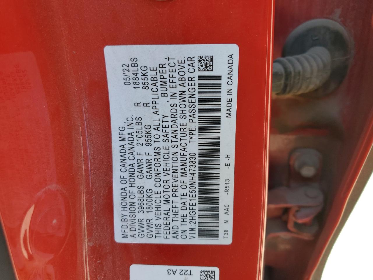 2022 HONDA CIVIC SI VIN:2HGFE1E50NH473830