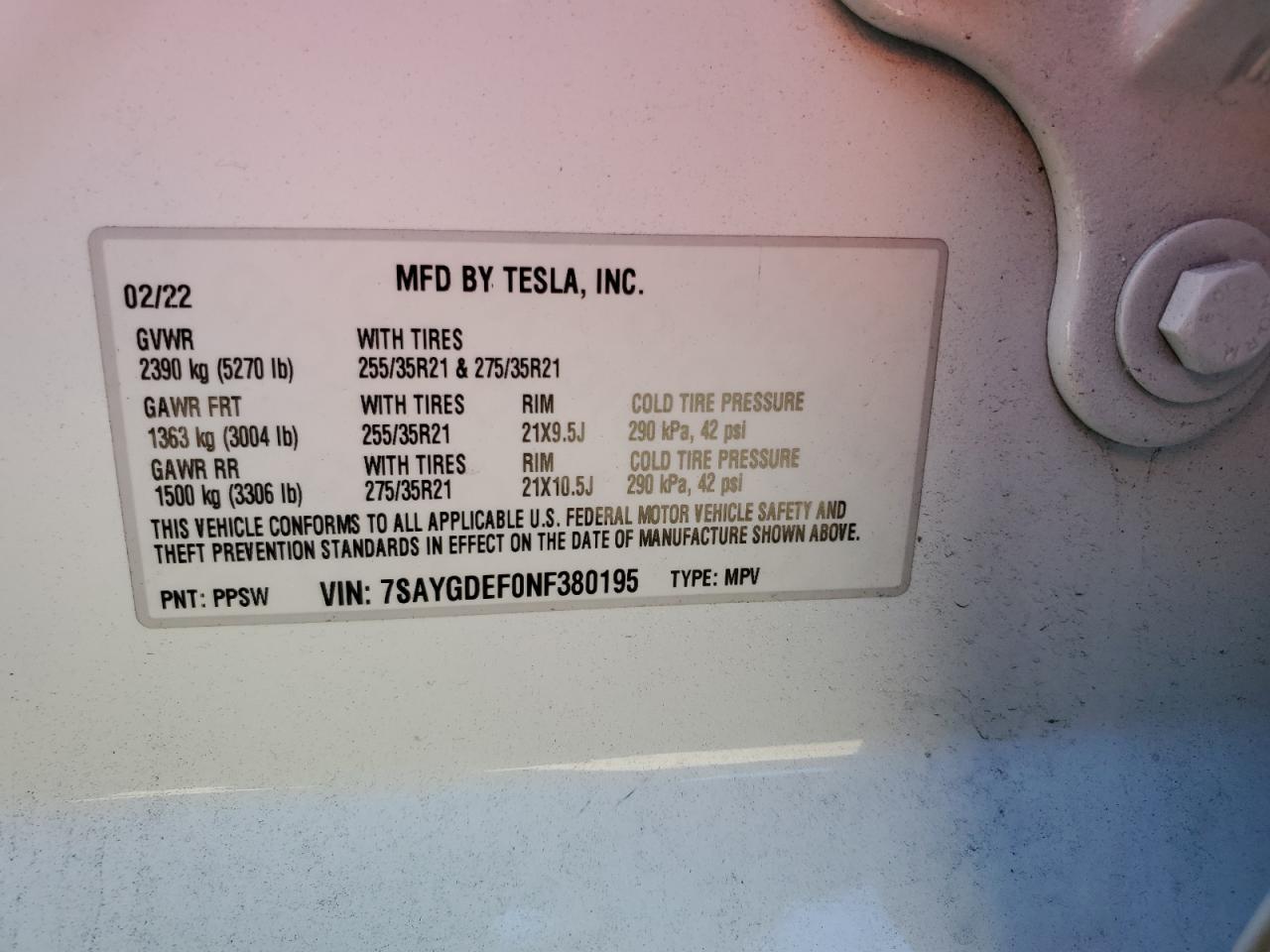 2022 TESLA MODEL Y VIN:7SAYGDEF0NF380195