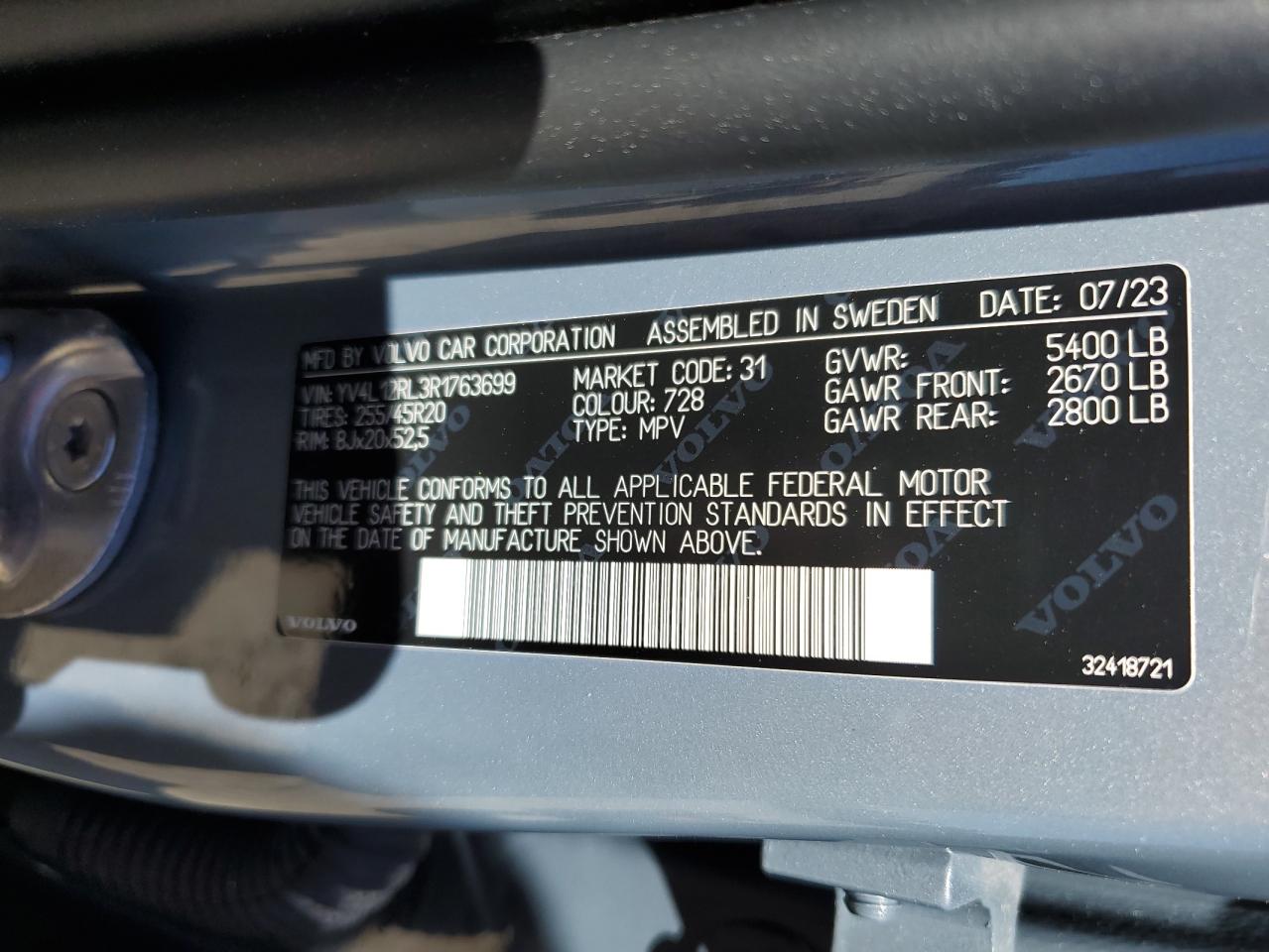 2024 VOLVO XC60 PLUS VIN:YV4L12RL3R1763699