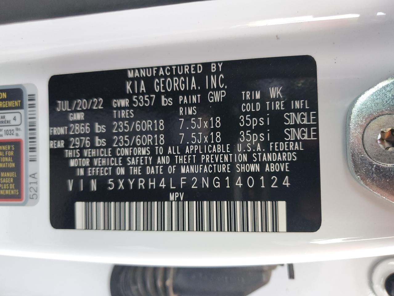 2022 KIA SORENTO EX VIN:5XYRH4LF2NG140124