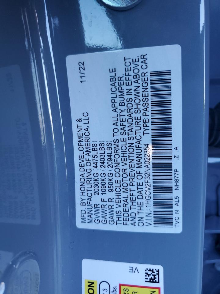 2022 HONDA ACCORD SPORT VIN:1HGCV2F32NA022354