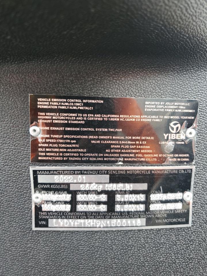 2022 YIBEN 15 SERIES VIN:WP0AA2A8XNS255297
