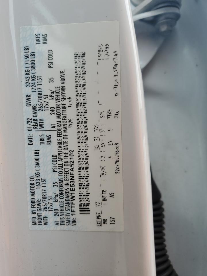 2022 FORD F150 SUPERCREW VIN:1FTFW1E53NFA52102
