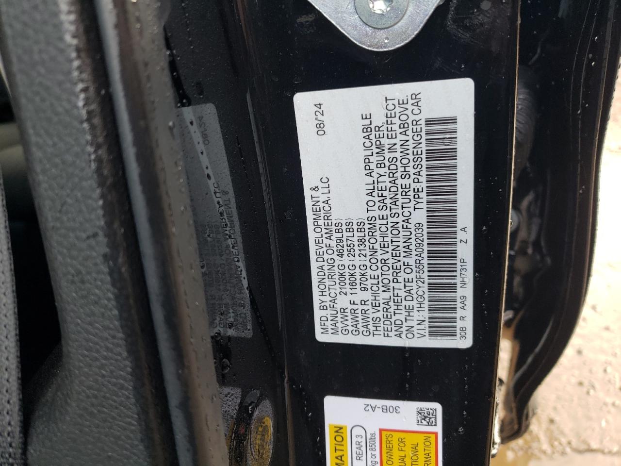 2024 HONDA ACCORD HYBRID SPORT VIN:1HGCY2F55RA092039