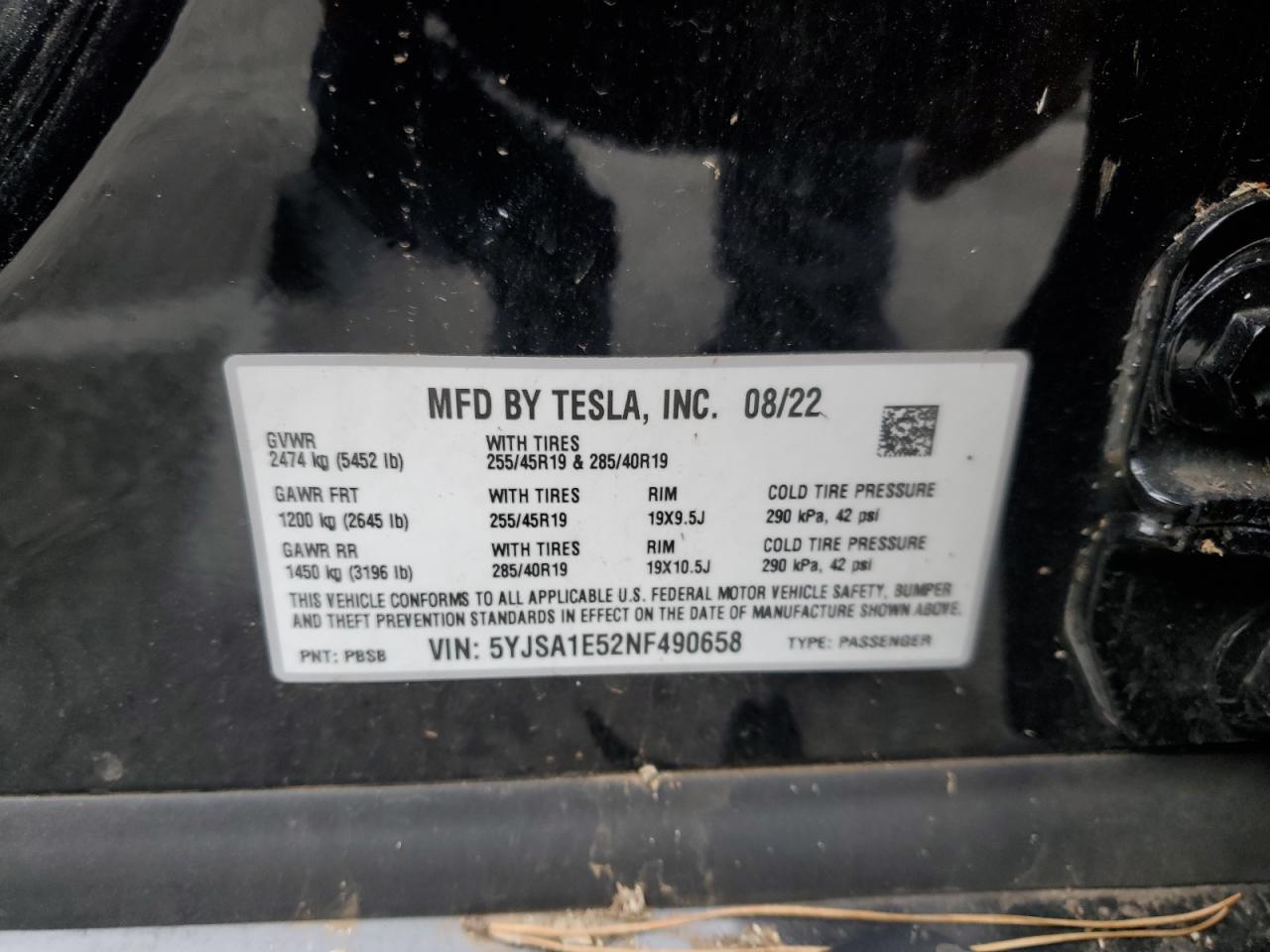2022 TESLA MODEL S VIN:5YJSA1E52NF490658