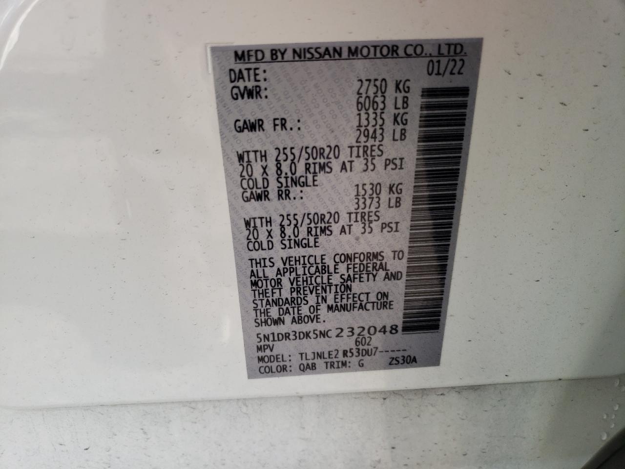 2022 NISSAN PATHFINDER PLATINUM VIN:5N1DR3DK5NC232048