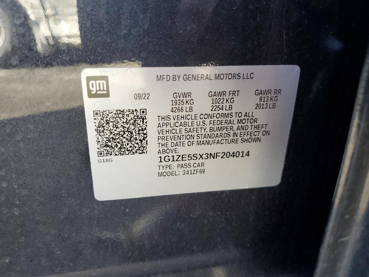 2022 CHEVROLET MALIBU PREMIER VIN:1G1ZE5SX3NF204014