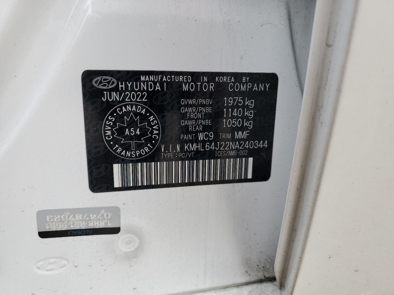 2022 HYUNDAI SONATA LUXURY VIN:KMHL64J22NA240344