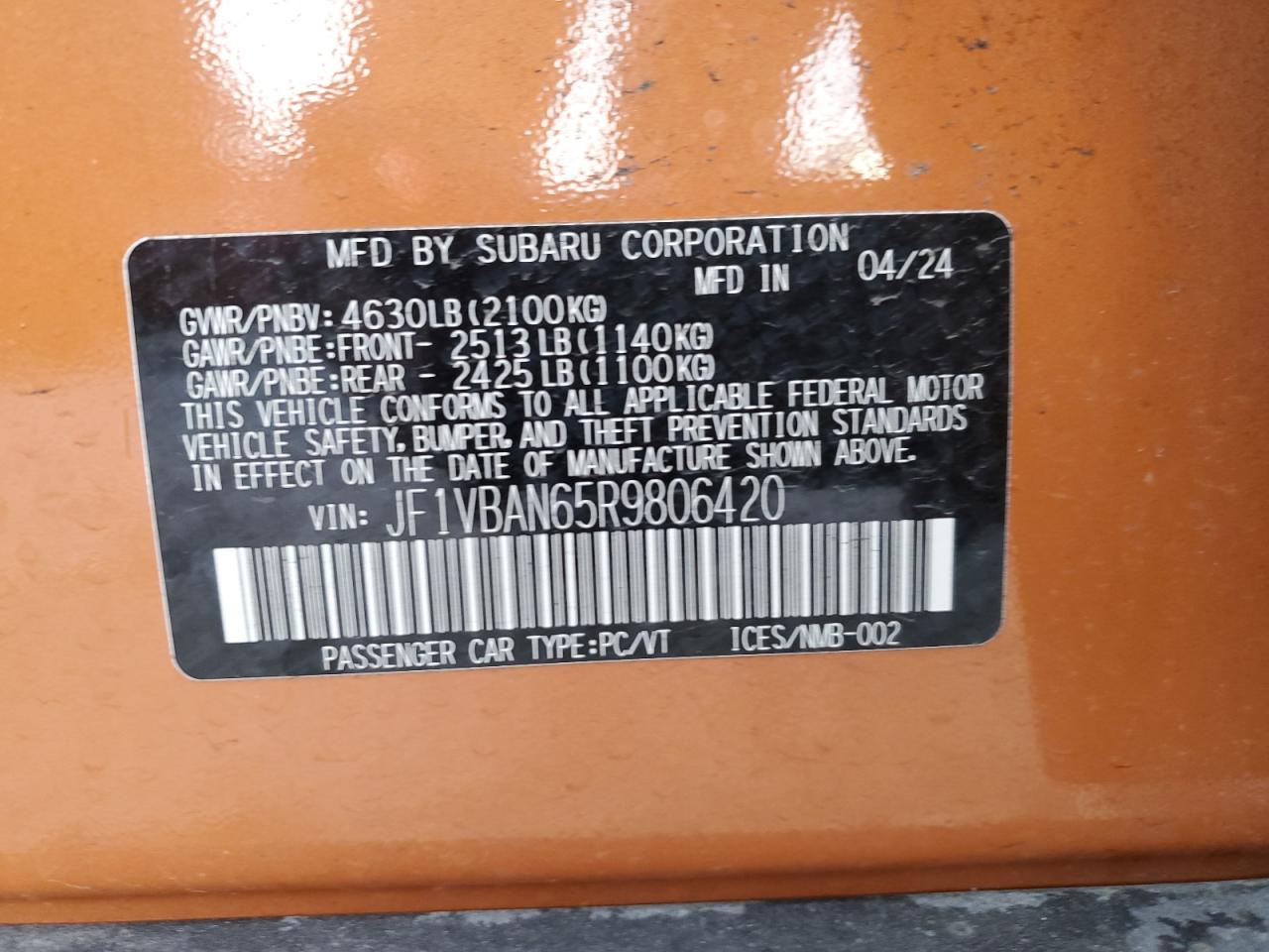 2024 SUBARU WRX LIMITED VIN:JF1VBAN65R9806420