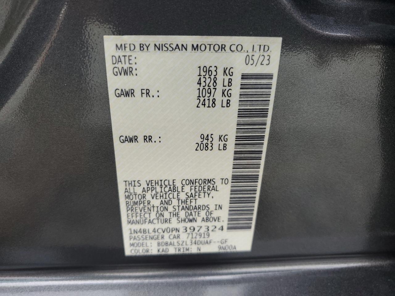 2023 NISSAN ALTIMA SR VIN:1N4BL4CV0PN397324