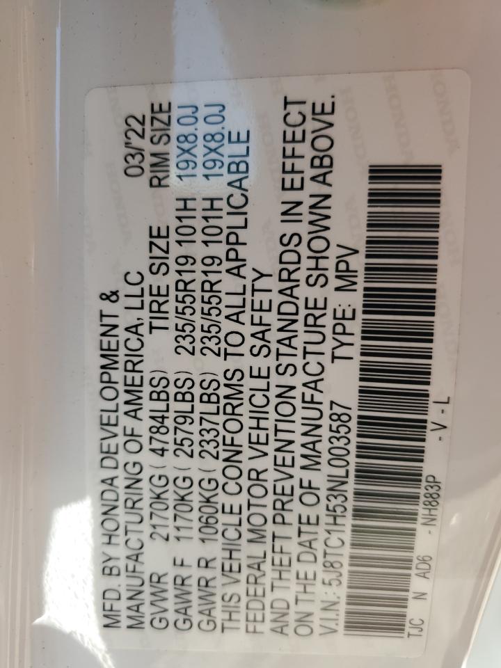 2022 ACURA RDX TECHNOLOGY VIN:5J8TC1H53NL003587