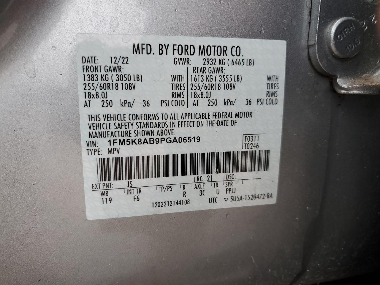 2023 FORD EXPLORER POLICE INTERCEPTOR VIN:1FM5K8AB9PGA06519