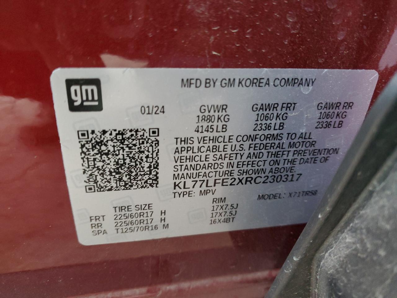 2024 CHEVROLET TRAX LS VIN:KL77LFE2XRC230317