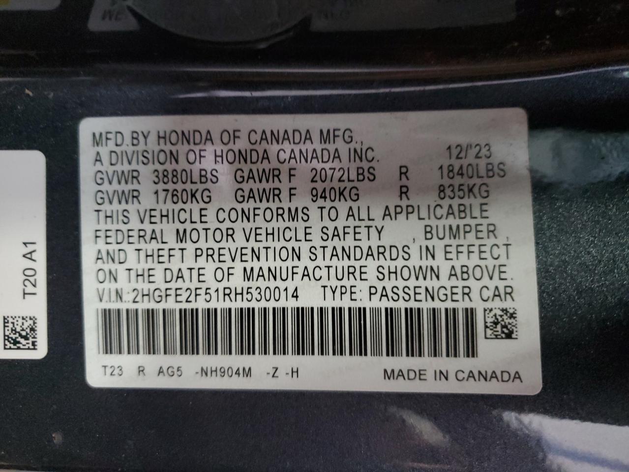 2024 HONDA CIVIC SPORT VIN:2HGFE2F51RH530014