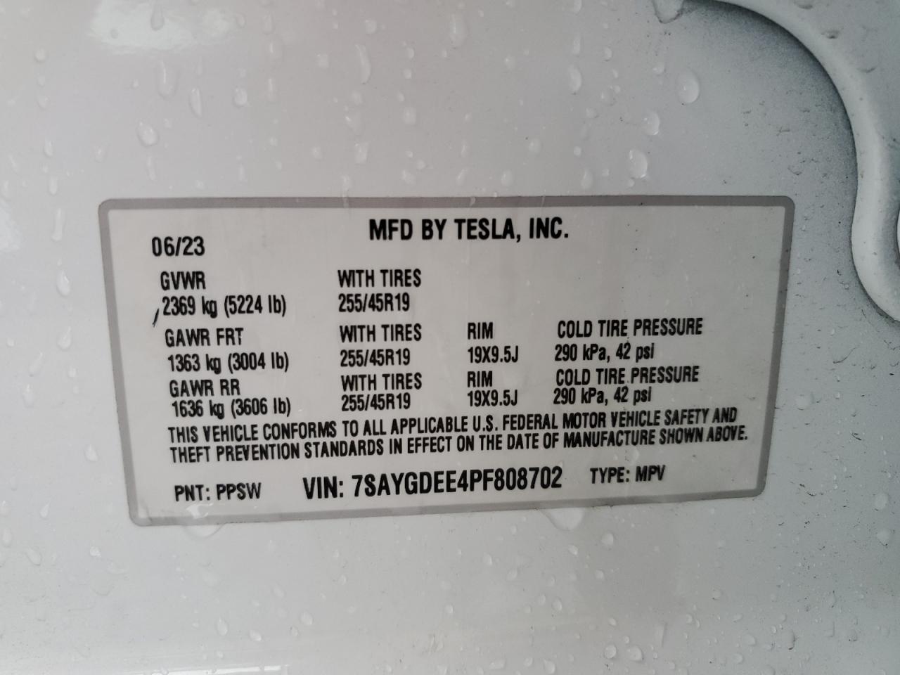 2023 TESLA MODEL Y VIN:7SAYGDEE4PF808702