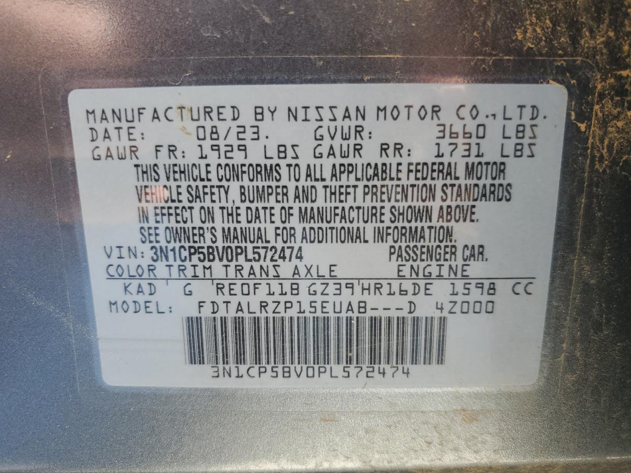 2023 NISSAN KICKS S VIN:3N1CP5BV0PL572474