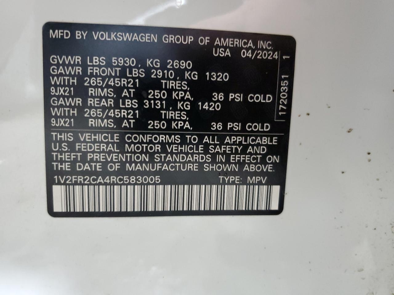 2024 VOLKSWAGEN ATLAS SEL PREMIUM R-LINE VIN:1FTMF1E83HKE38354