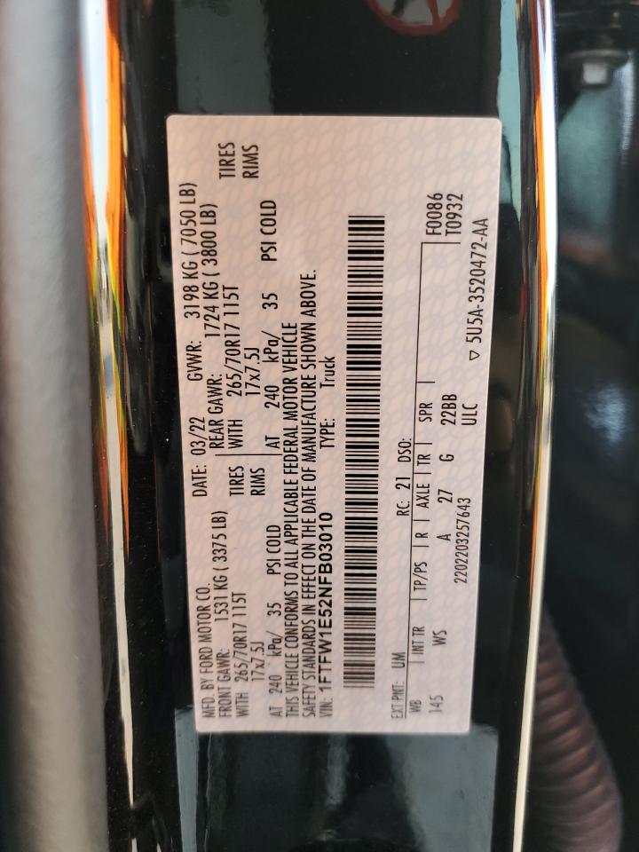 2022 FORD F150 SUPERCREW VIN:1FTFW1E52NFB03010