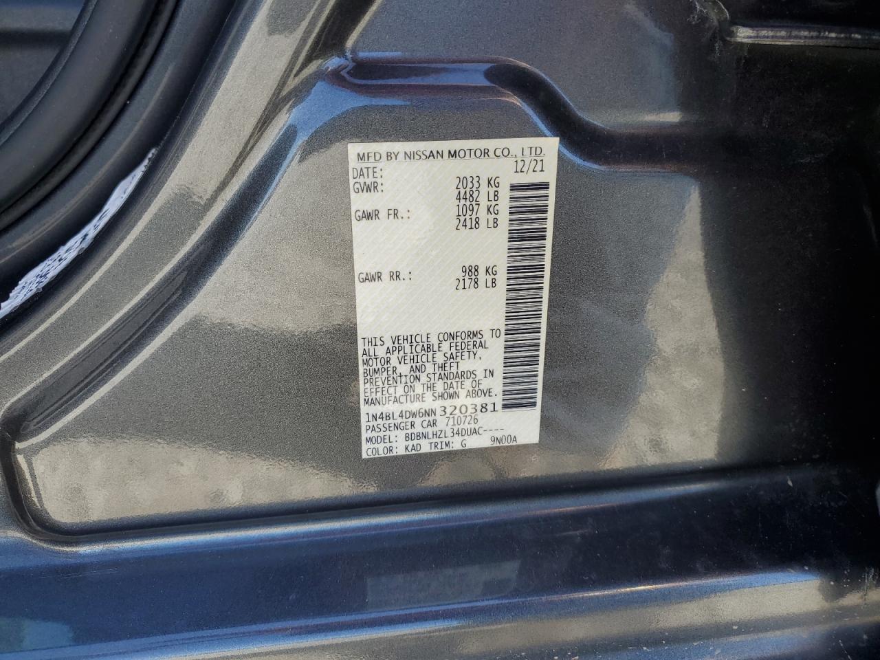 2022 NISSAN ALTIMA SV VIN:1N4BL4DW6NN320381