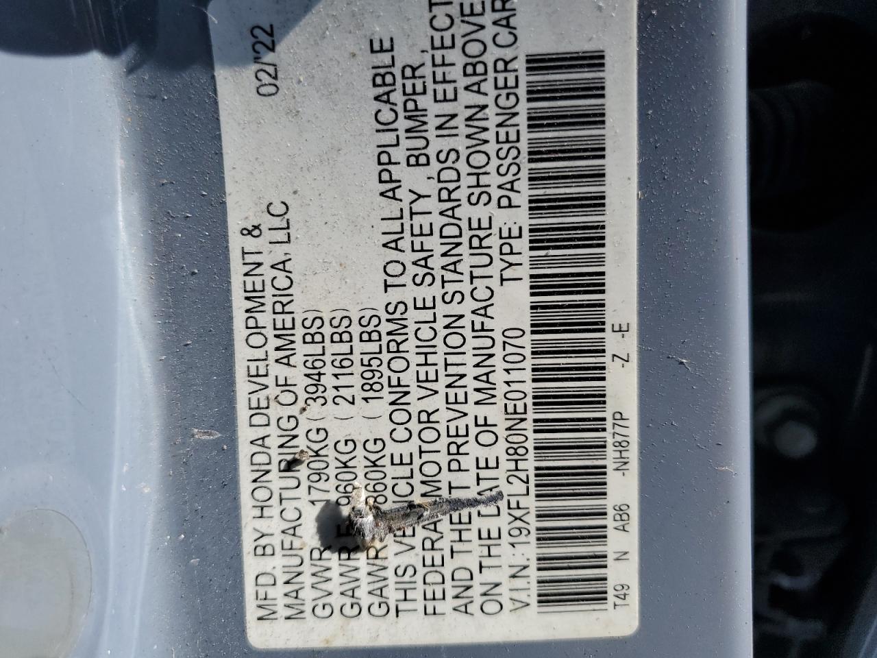 2022 HONDA CIVIC SPORT VIN:19XFL2H80NE011070