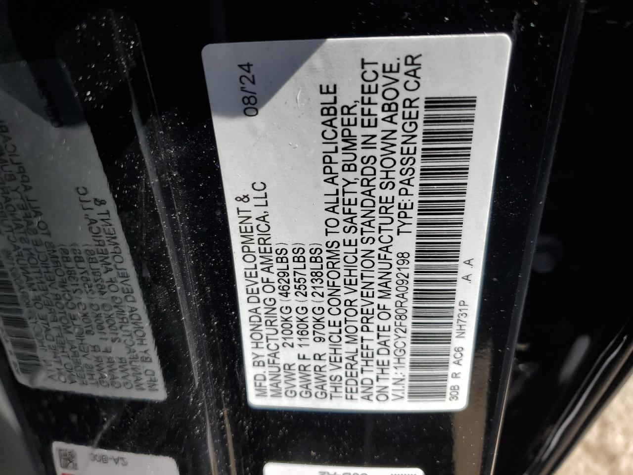 2024 HONDA ACCORD TOURING HYBRID VIN:1HGCY2F80RA092198