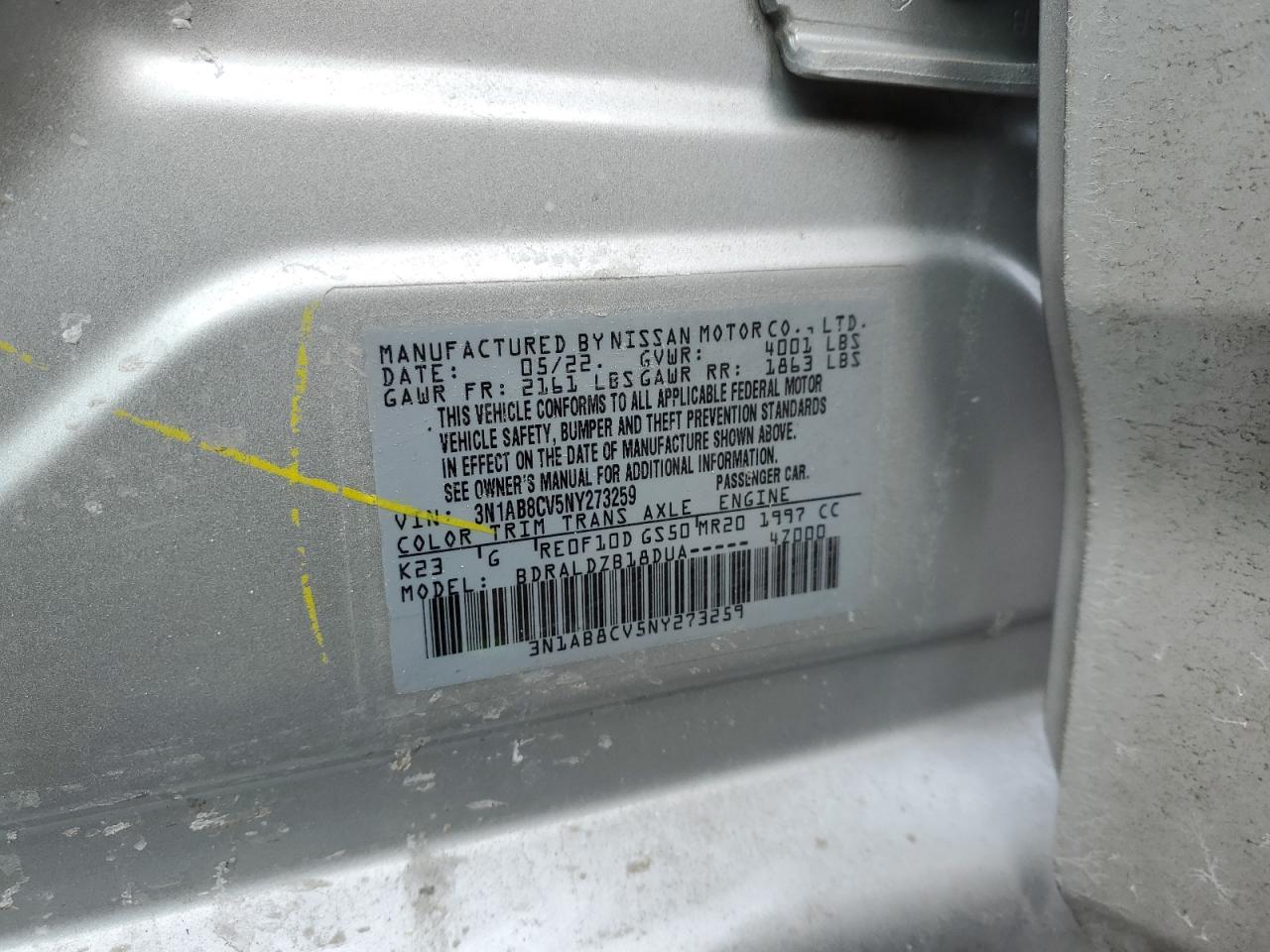 2022 NISSAN SENTRA SV VIN:3N1AB8CV5NY273259