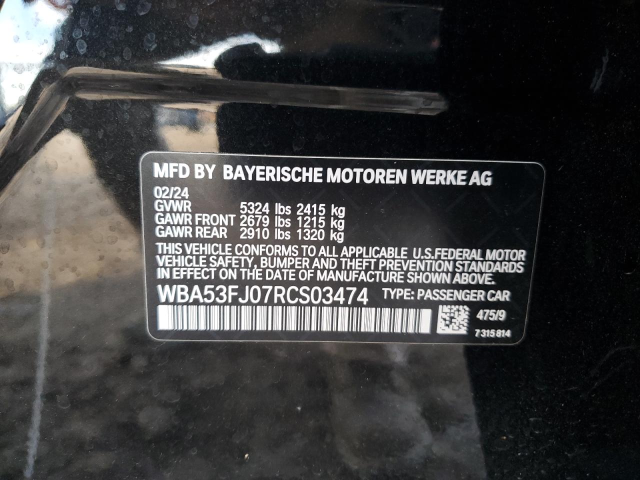 2024 BMW 530 XI VIN:WBA53FJ07RCS03474
