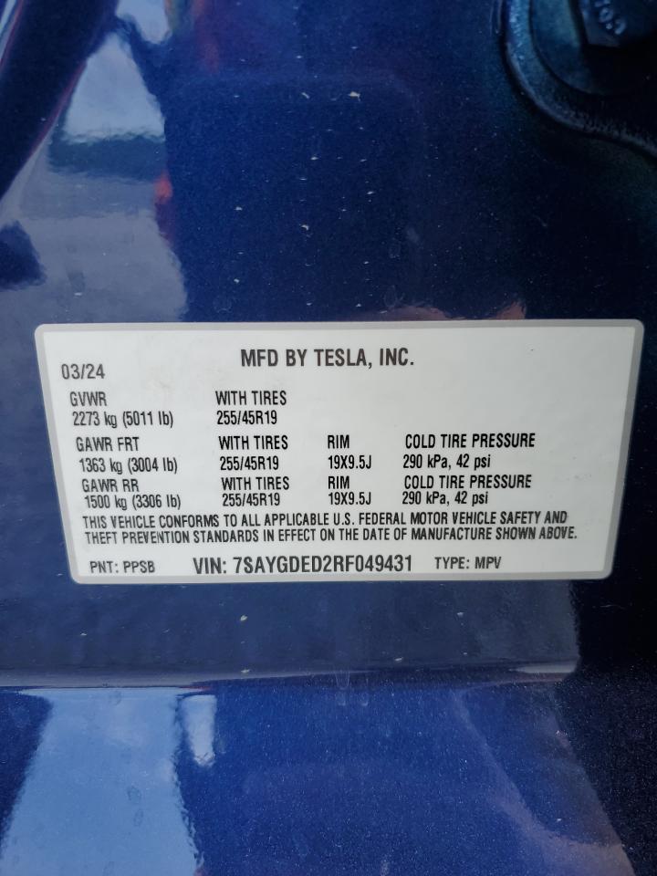 2024 TESLA MODEL Y VIN:7SAYGDED2RF049431