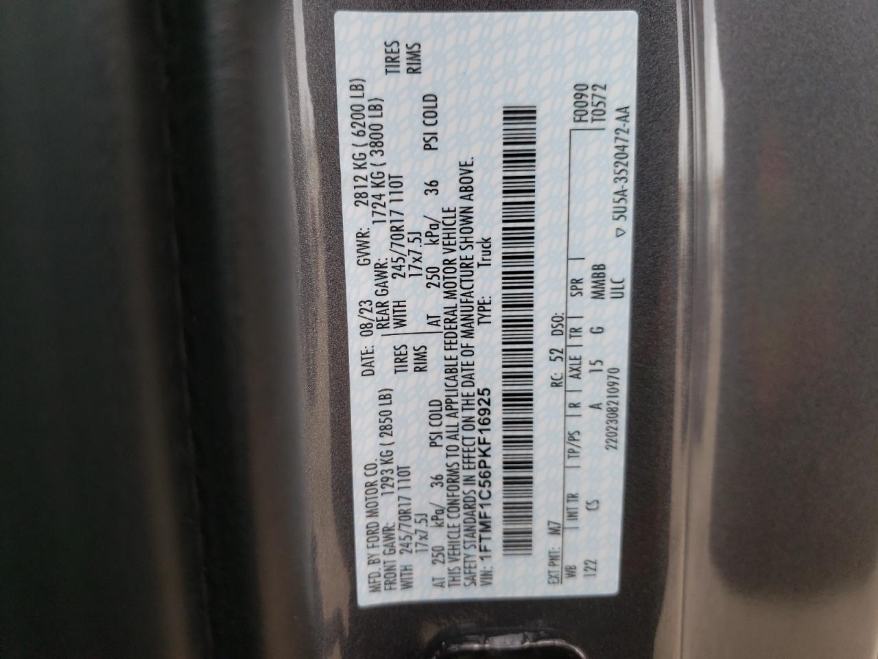 2023 FORD F150 VIN:1FTMF1C56PKF16925