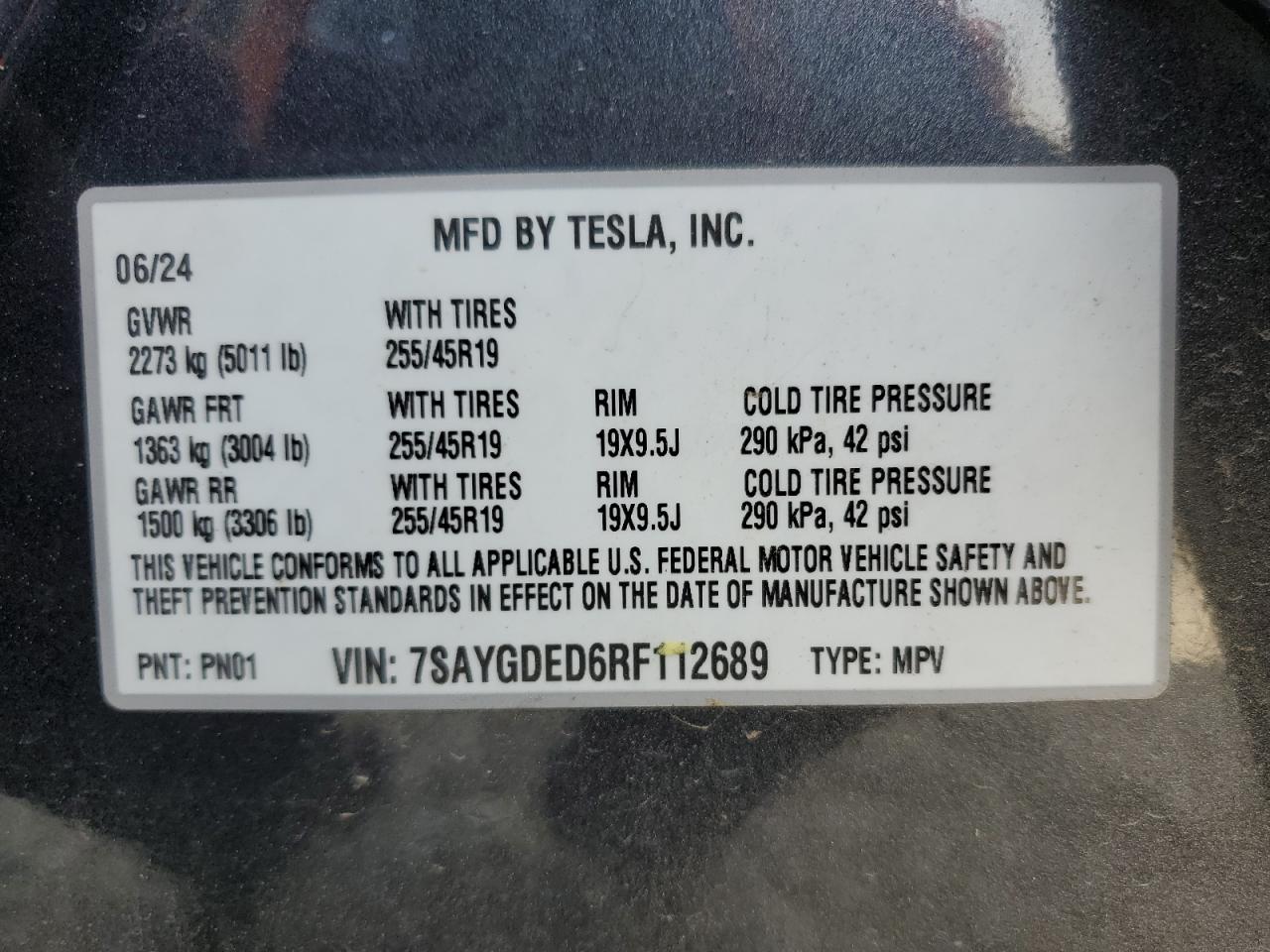 2024 TESLA MODEL Y VIN:7SAYGDED6RF112689