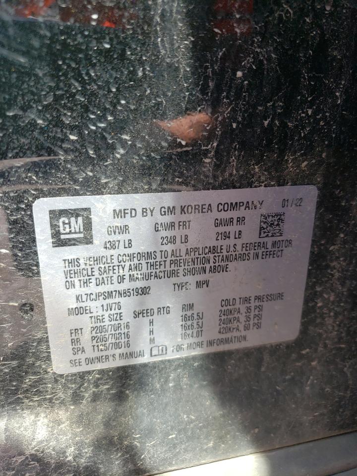 2022 CHEVROLET TRAX 1LT VIN:KL7CJPSM7NB519302