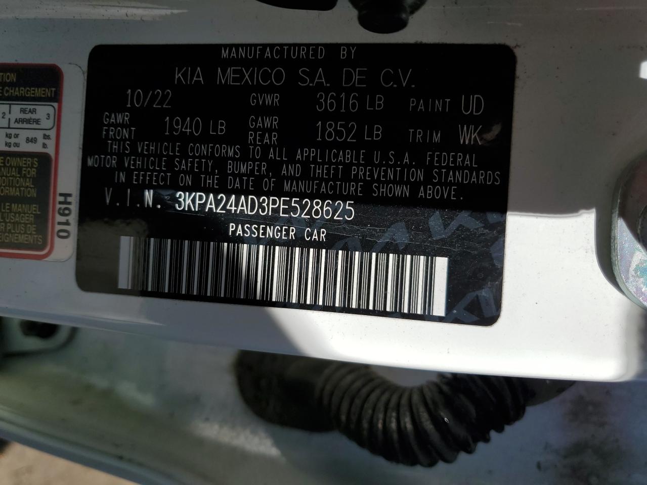2023 KIA RIO LX VIN:3KPA24AD3PE528625