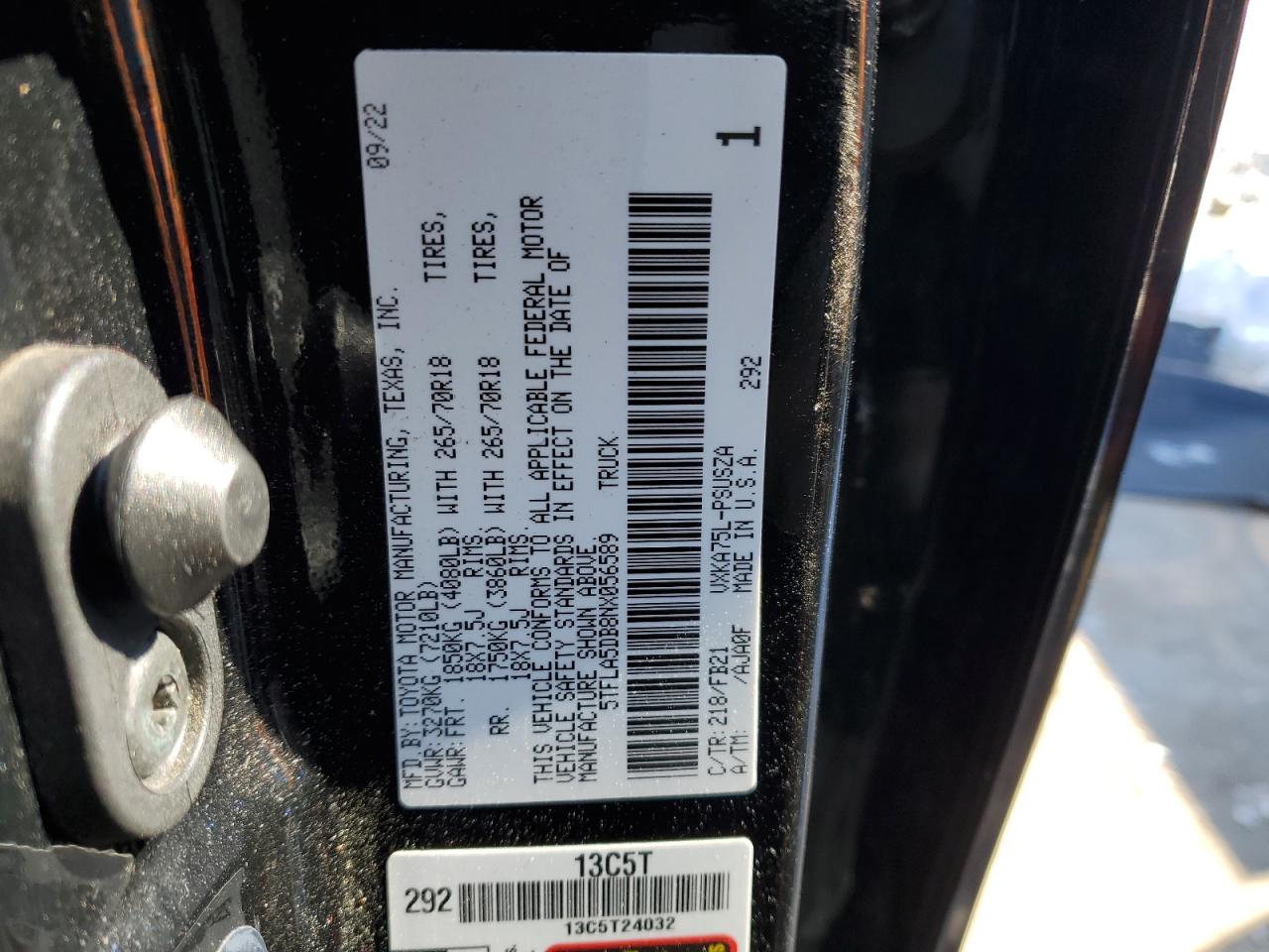 2022 TOYOTA TUNDRA CREWMAX SR VIN:5TFLA5DB8NX056589