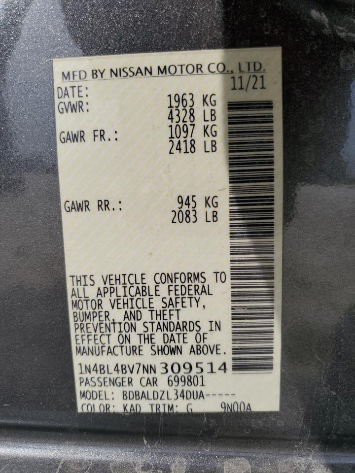 2022 NISSAN ALTIMA S VIN:1N4BL4BV7NN309514
