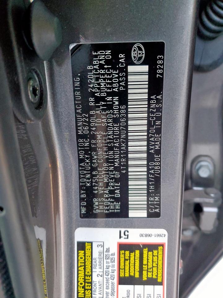 2022 TOYOTA CAMRY LE VIN:4T1R11AK7NU706386