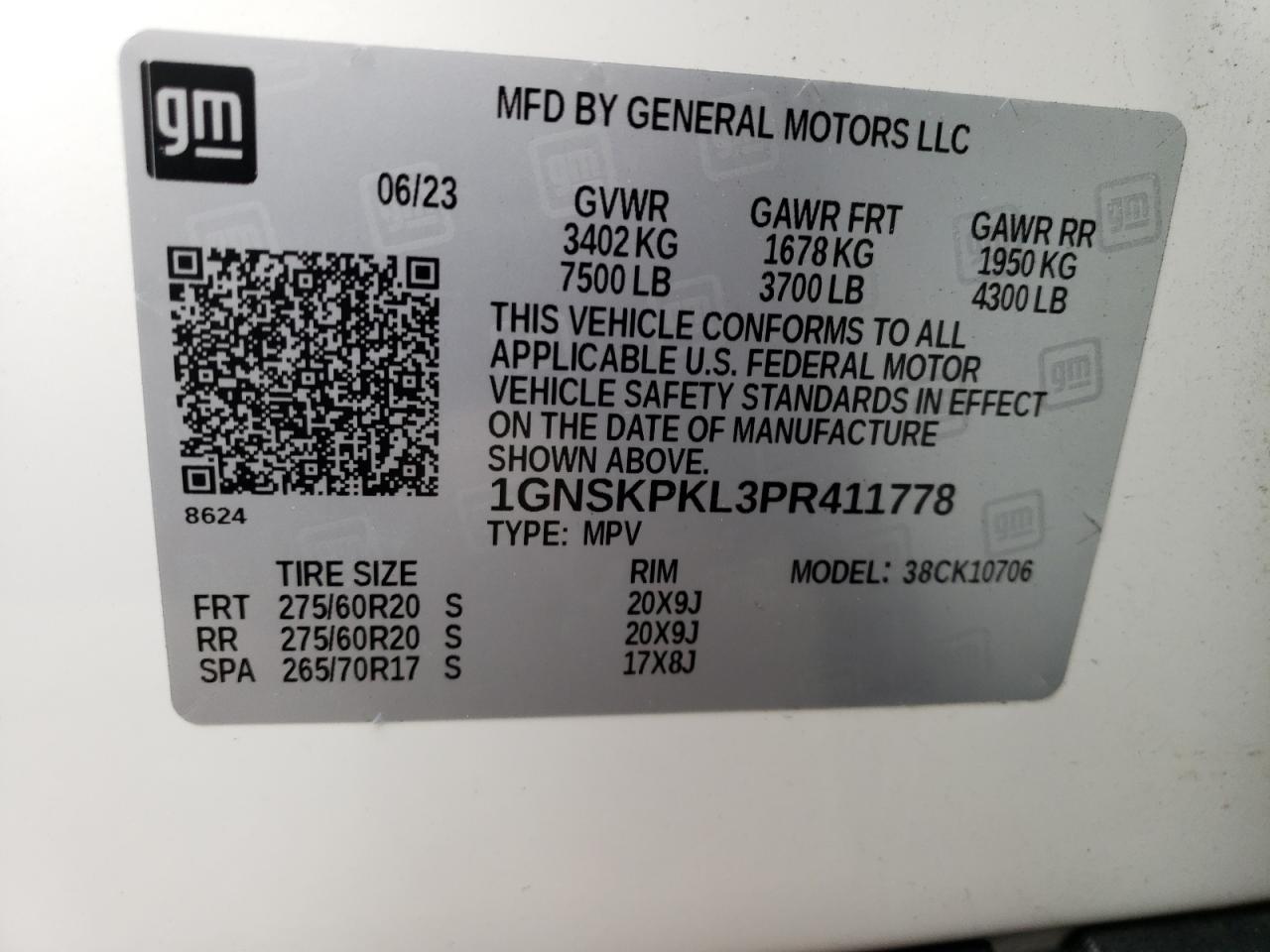 2023 CHEVROLET TAHOE K1500 Z71 VIN:1GNSKPKL3PR411778