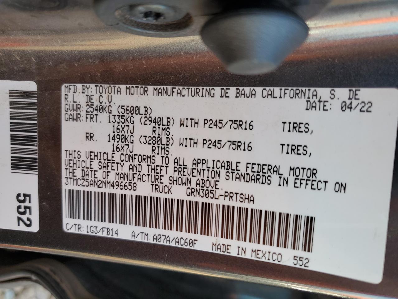 2022 TOYOTA TACOMA DOUBLE CAB VIN:3TMCZ5AN2NM496658