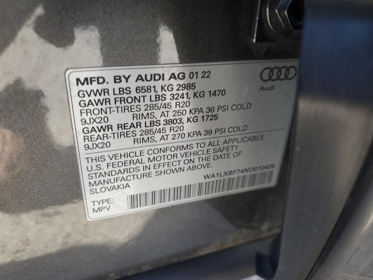 2022 AUDI Q7 PREMIUM PLUS VIN:WA1LXBF74ND010436