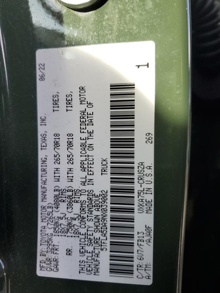 2022 TOYOTA TUNDRA DOUBLE CAB SR VIN:5TFLA5DA9NX039002