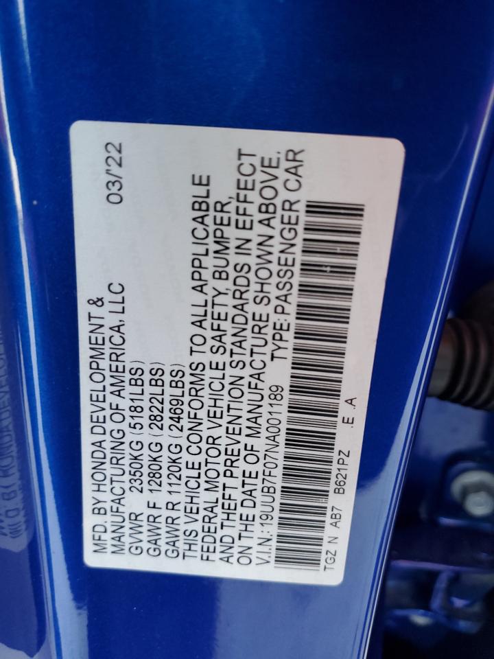 2022 ACURA TLX TYPE S VIN:19UUB7F07NA001189